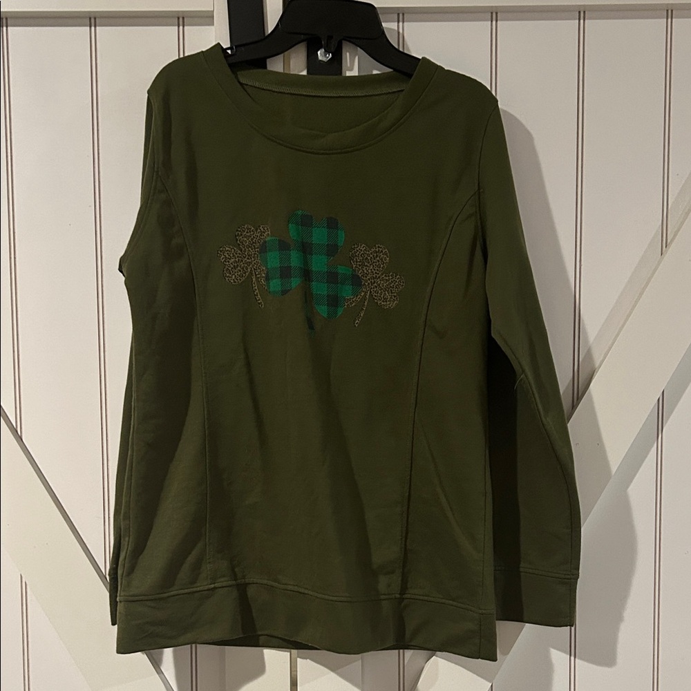 Olive Long Sleeve Shirt with Plaid Shamrock